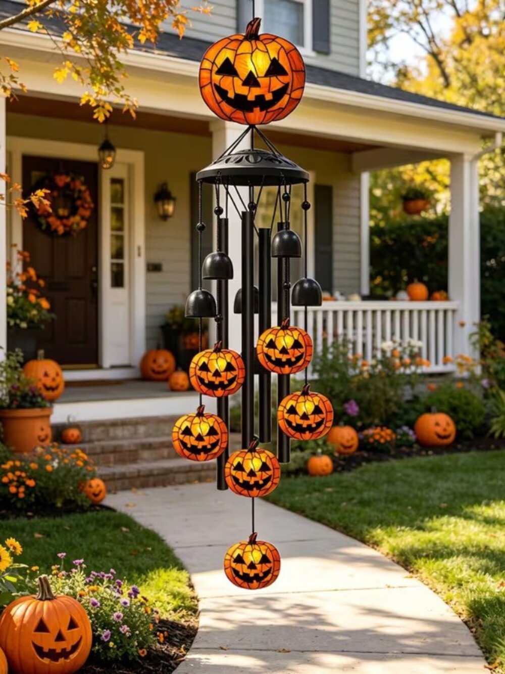 Halloween Gothic Outdoor Black Metal Bells and Pumpkin Wind Chimes